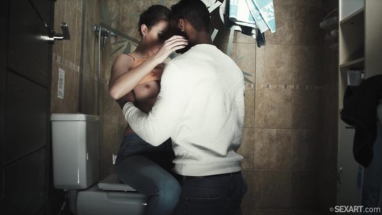 Темнокожий друг ласкает выбритую писю девушки в ванной комнате